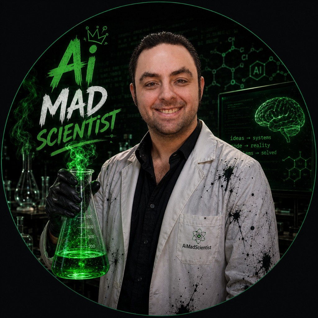Trevor Fowler, the AI Mad Scientist, holding a glowing green flask