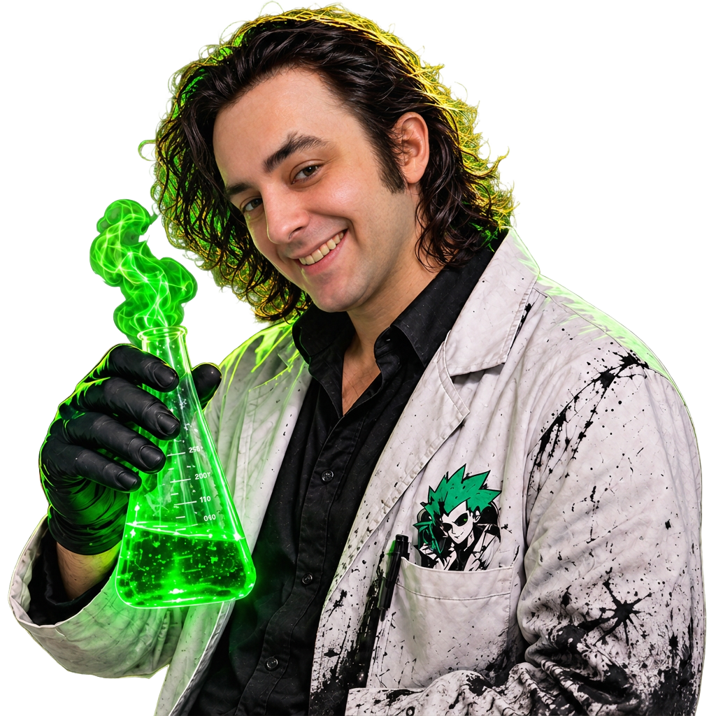 Trevor Fowler as the AI Mad Scientist, holding a glowing green flask