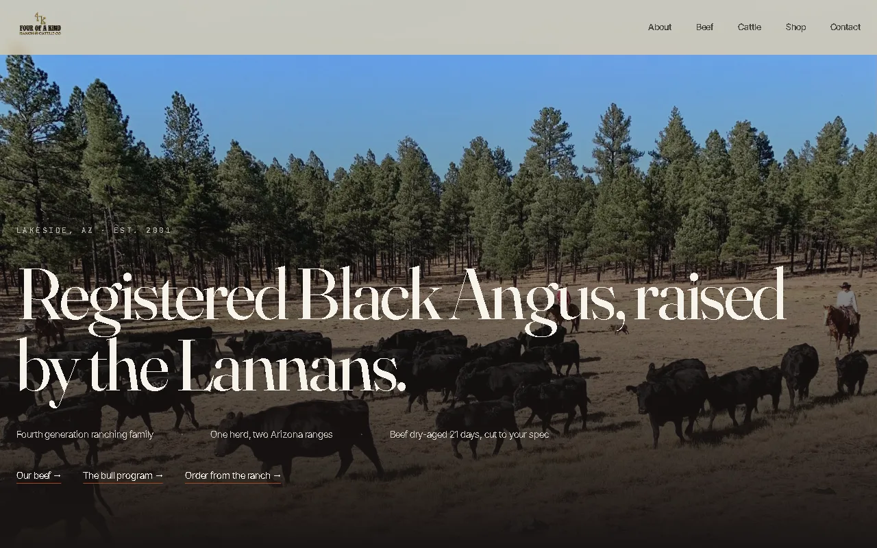 Screenshot of the Four of a Kind Ranch site — direct-to-consumer beef storefront