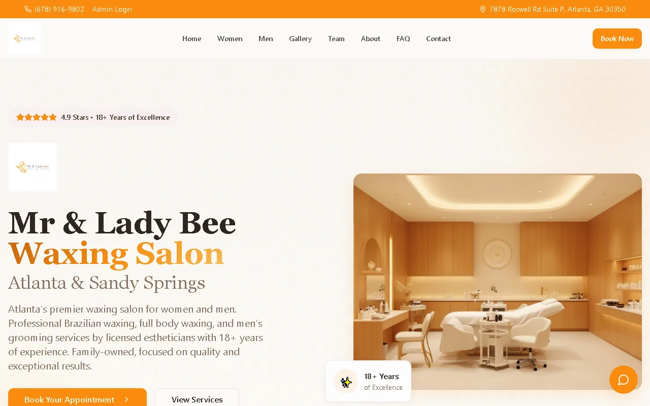 Screenshot of the Mr & Lady Bee Waxing Salon site with AI booking assistant