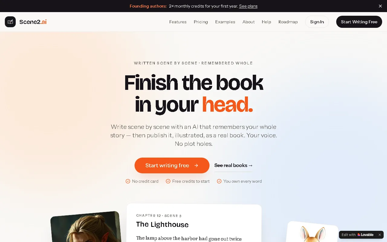 Screenshot of Scene2.ai — AI book-creation platform landing page